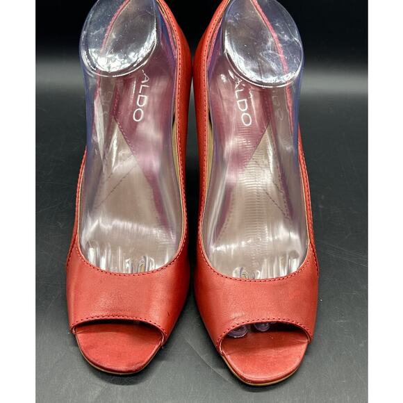 ALDO Red Leather Peep Toe Heels Women’s Size 40 (US 9.5-10) Wood Cone Heel - Picture 1 of 13